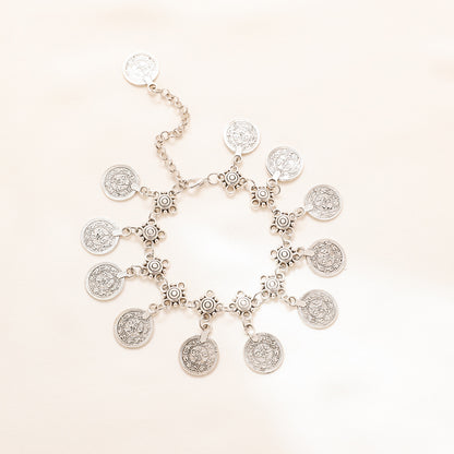 Silver-tone boho anklet with decorative chain and round coin charms