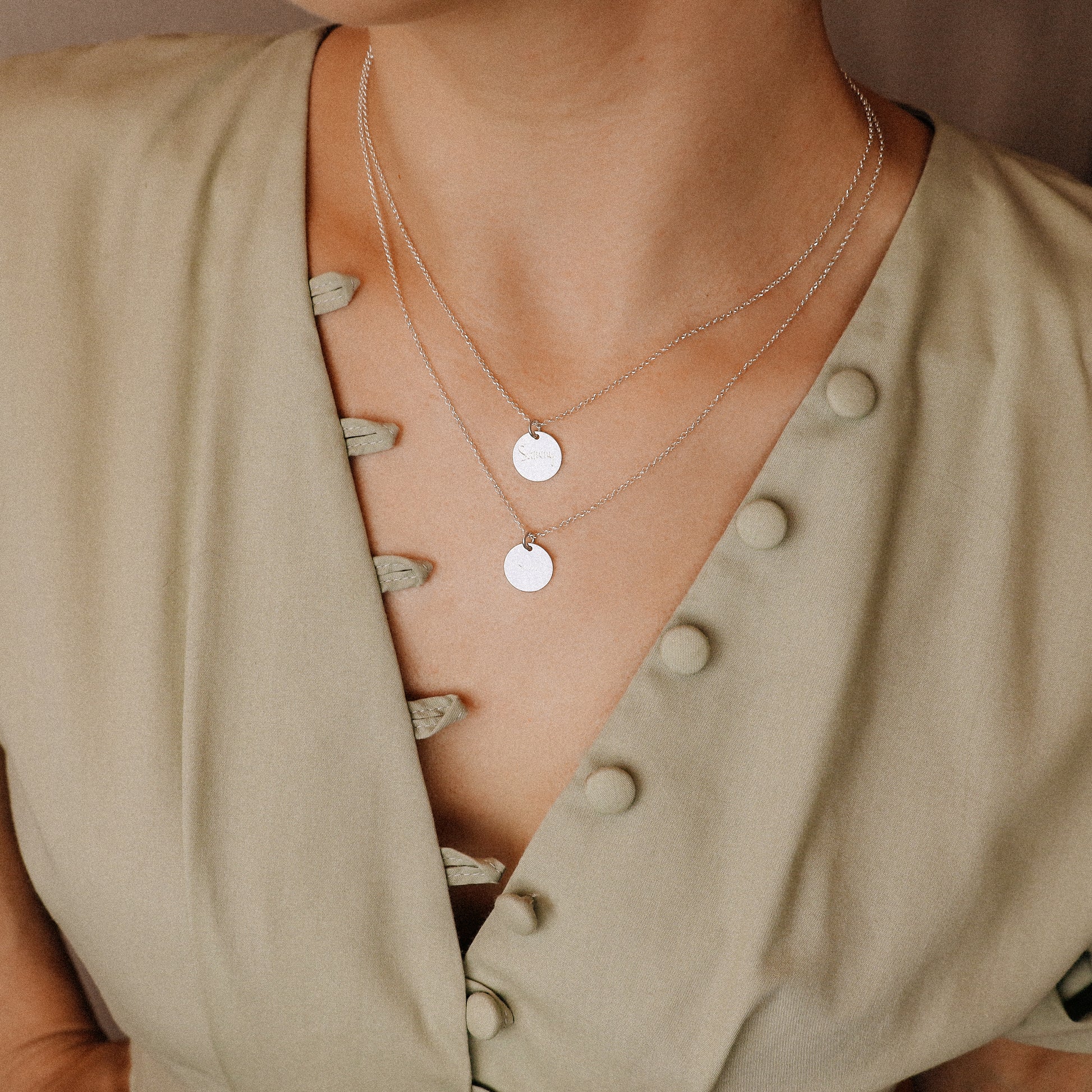 Personalized Sterling Silver Disc Necklace: Engraved Name Coin