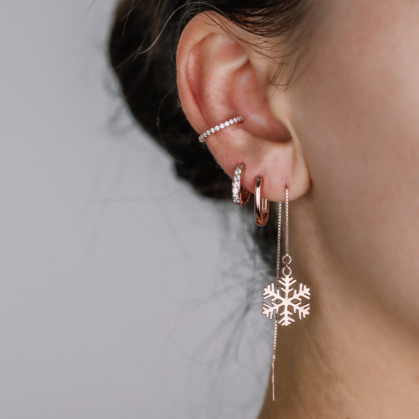 Snowflake Threader Earrings in Sterling Silver • Snow Flake Threaders • Long Threaders • Silver, Gold or Rose Gold • BYSDMJEWELS