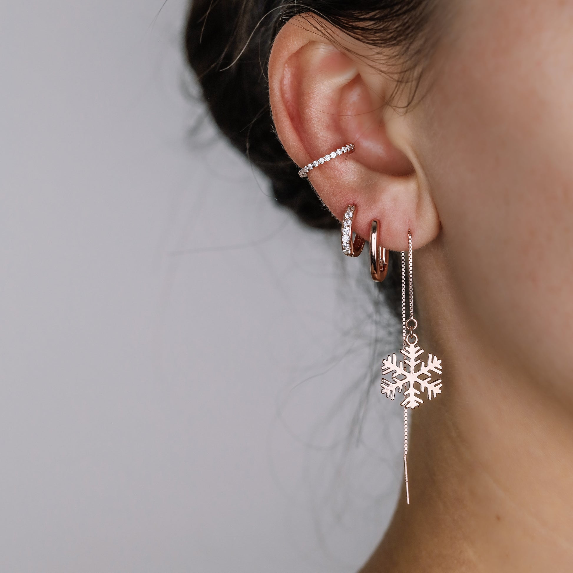 Snowflake Threader Earrings in Sterling Silver • Snow Flake Threaders • Long Threaders • Silver, Gold or Rose Gold • BYSDMJEWELS