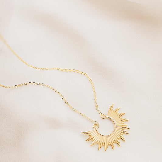 Sun Necklace Dainty Spike Necklace Sunburst Gold Necklace Minimalist Celestial Jewelry Semicircle Sun Pendant Gift For Her