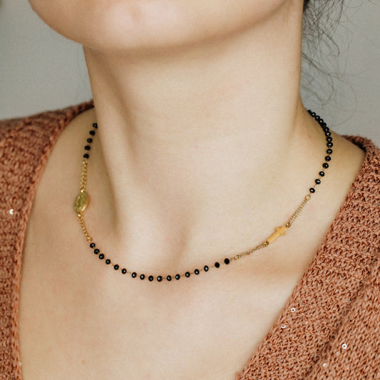 Dainty Black Rosary Necklace, Catholic Jewelry, Plain Cross Stainless Steel