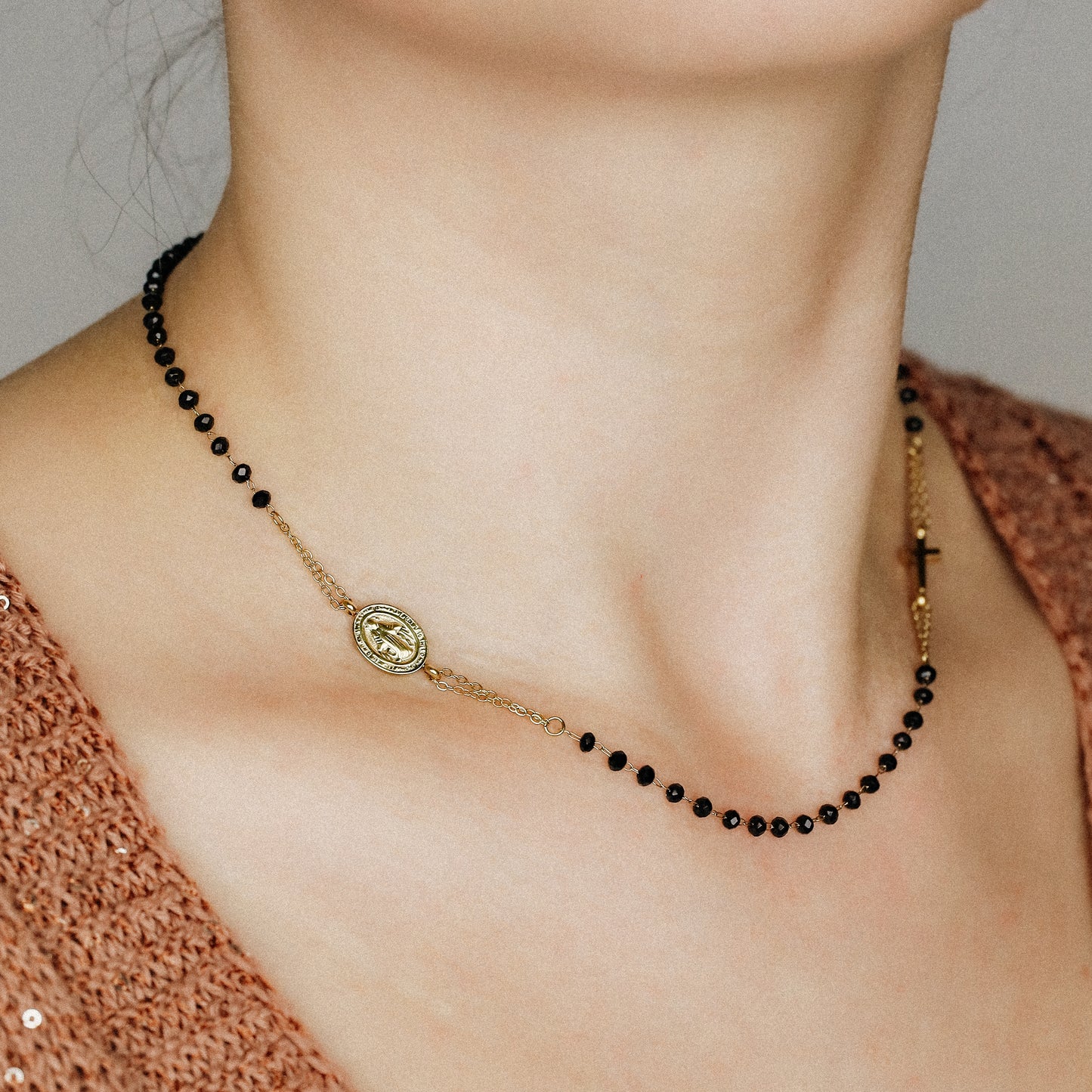 Dainty Black Rosary Necklace, Catholic Jewelry, Plain Cross Stainless Steel