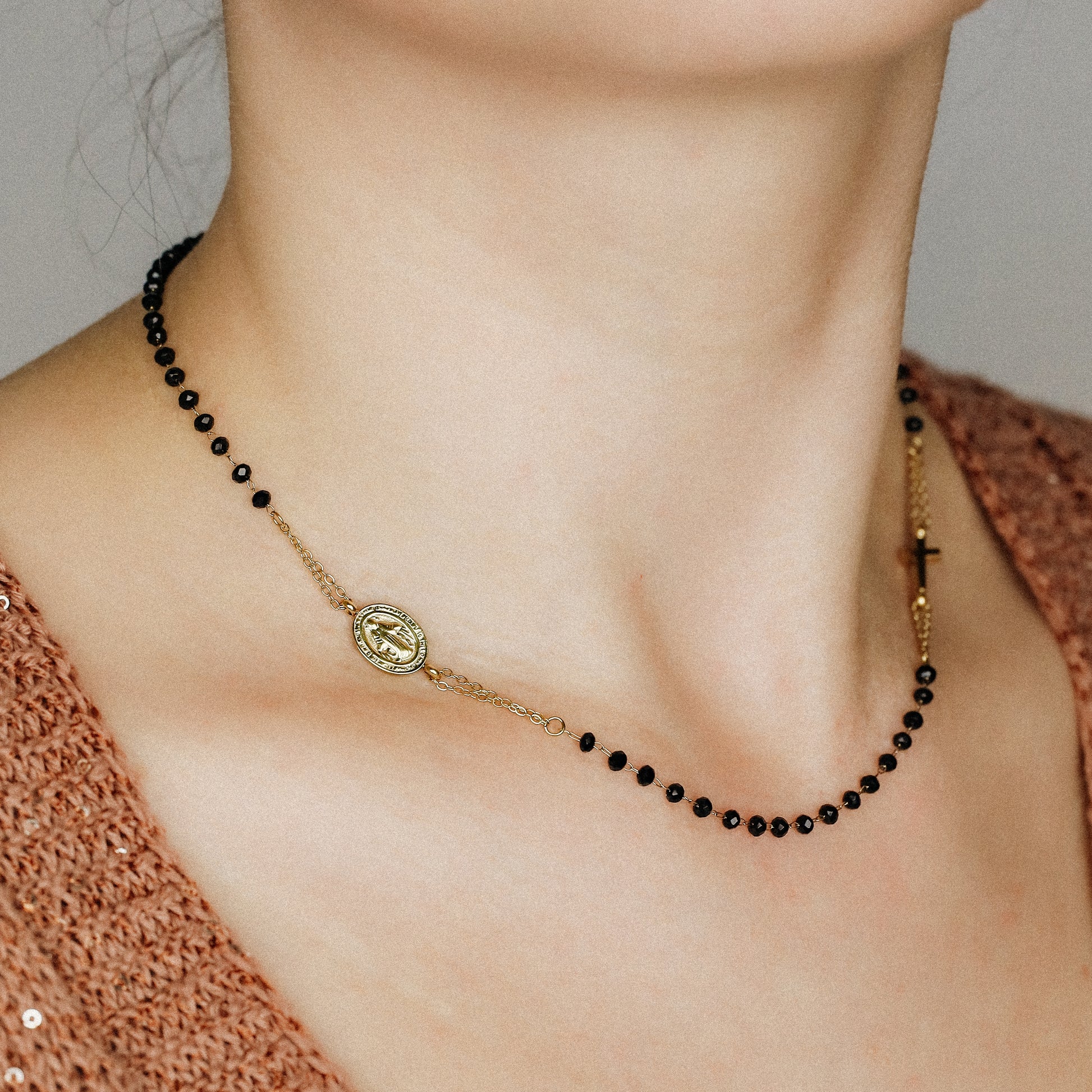 Dainty Black Rosary Necklace, Catholic Jewelry, Plain Cross Stainless Steel