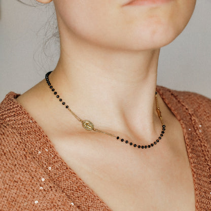 Dainty Black Rosary Necklace, Catholic Jewelry, Plain Cross Stainless Steel