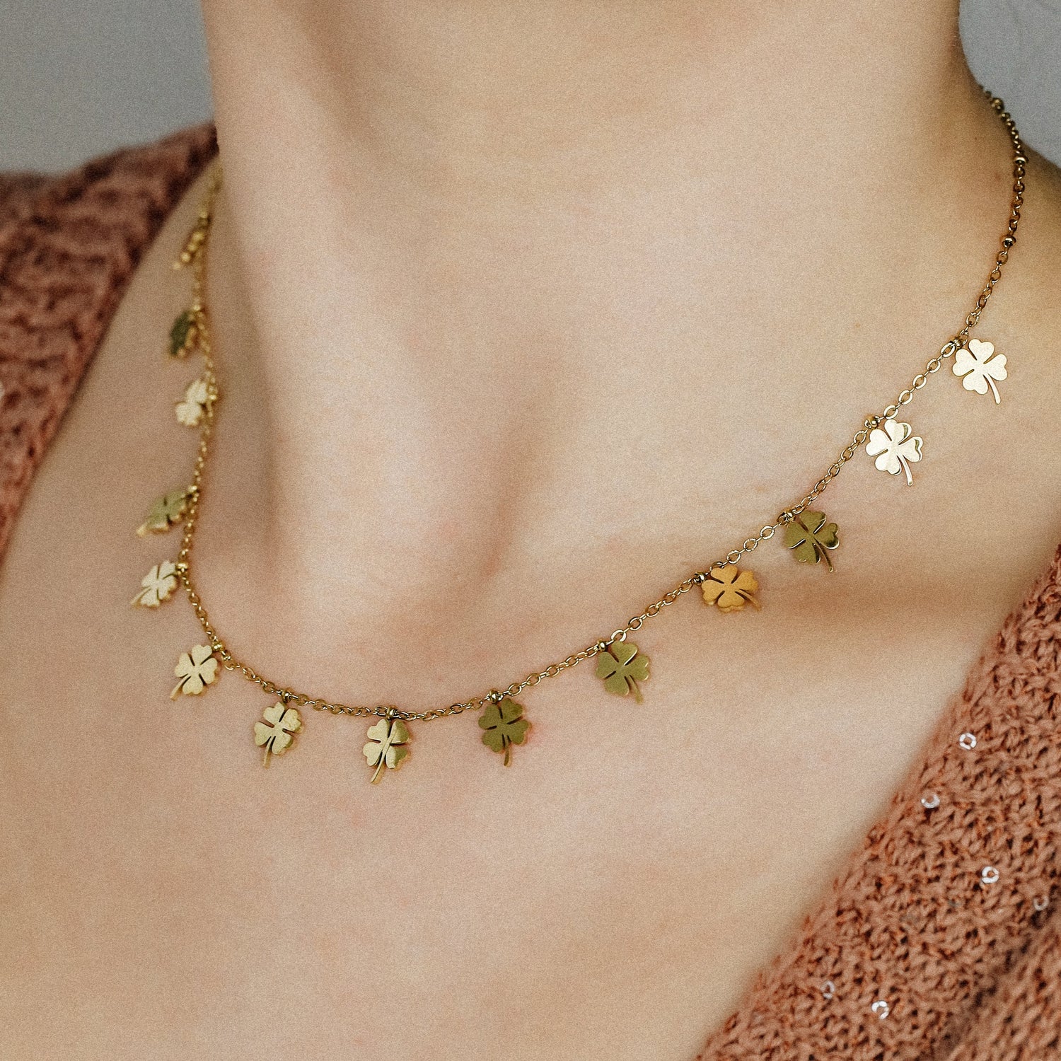 Shop the Four-Leaf Clover Station Necklace in durable stainless steel. Available in Silver, Gold, and Rose Gold. Tarnish-free & waterproof
