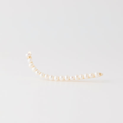 Handmade 50 mm pearl ear climber earrings worn along the natural curve of the ear, featuring tiny 2–3 mm pearls arranged in a delicate climbing design for one standard lobe piercing, available as a pair, single left ear climber or single right ear climber in solid 925 sterling silver, 14k gold filled and 14k rose gold filled, with ear climber lengths available from 10mm to 50mm.
