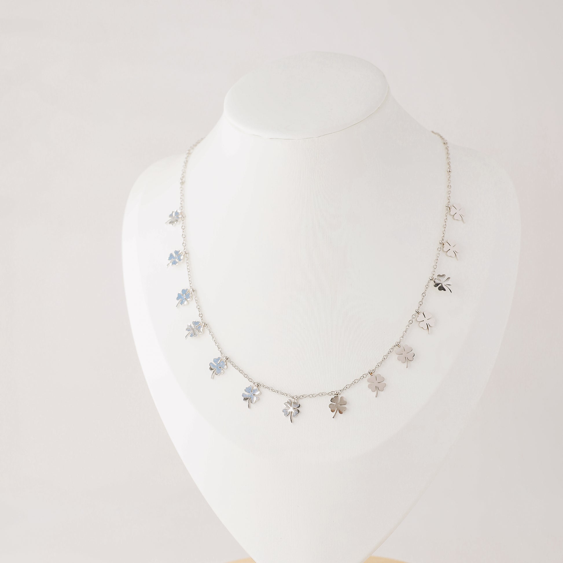 Shop the Four-Leaf Clover Station Necklace in durable stainless steel. Available in Silver, Gold, and Rose Gold. Tarnish-free & waterproof