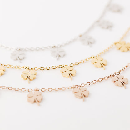 Shop the Four-Leaf Clover Station Necklace in durable stainless steel. Available in Silver, Gold, and Rose Gold. Tarnish-free & waterproof