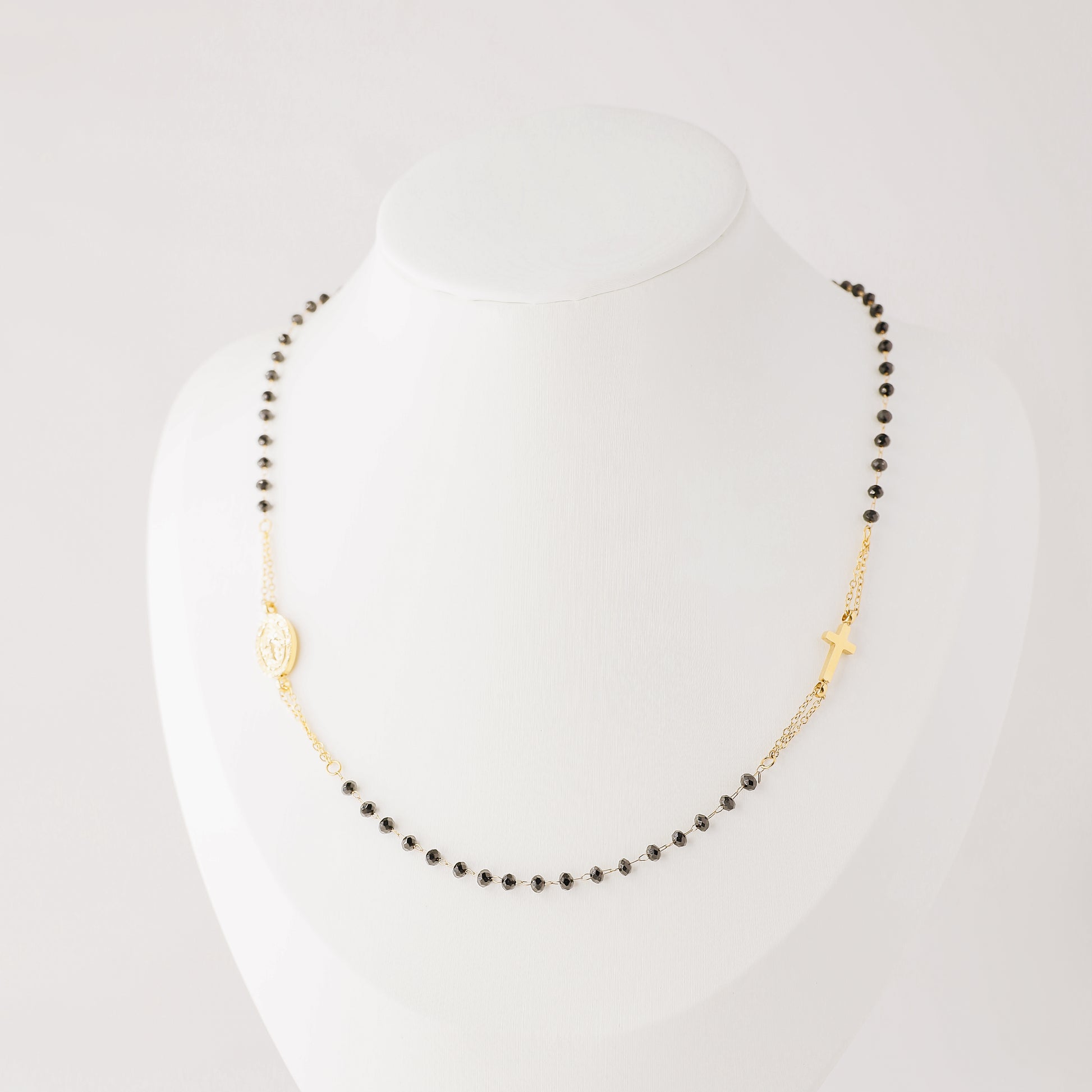 Dainty Black Rosary Necklace, Catholic Jewelry, Plain Cross Stainless Steel