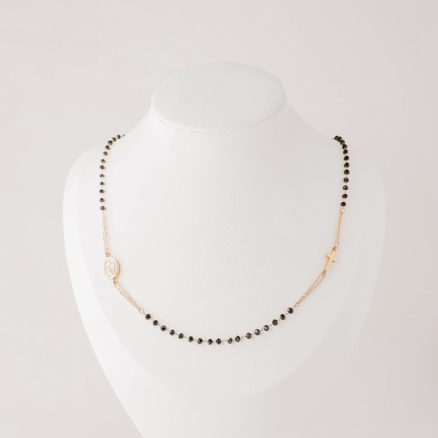 Dainty Black Rosary Necklace, Catholic Jewelry, Plain Cross Stainless Steel