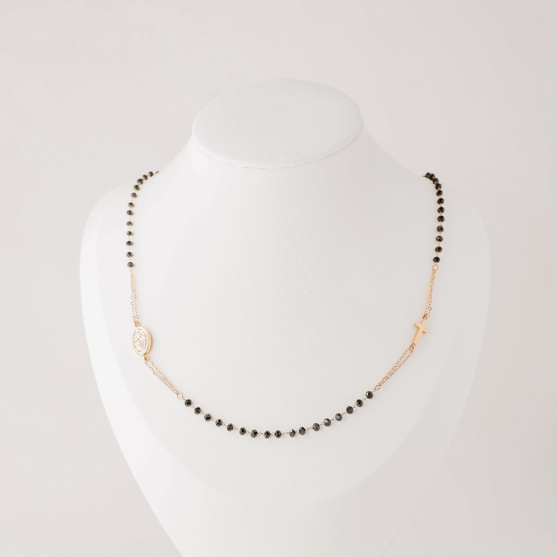 Dainty Black Rosary Necklace, Catholic Jewelry, Plain Cross Stainless Steel