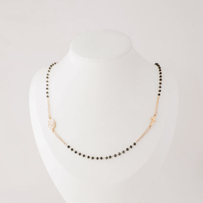 Dainty Black Rosary Necklace, Catholic Jewelry, Plain Cross Stainless Steel