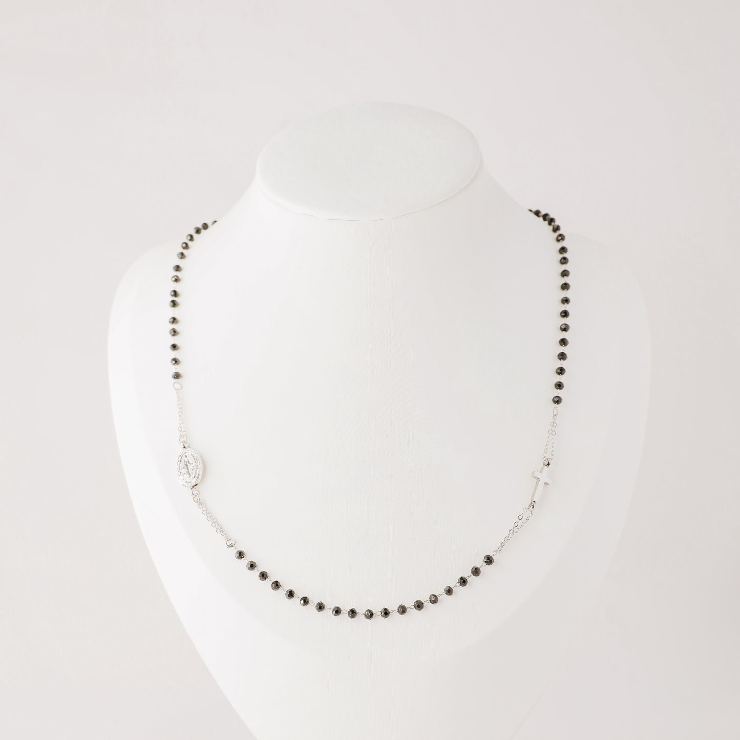 Dainty Black Rosary Necklace, Catholic Jewelry, Plain Cross Stainless Steel