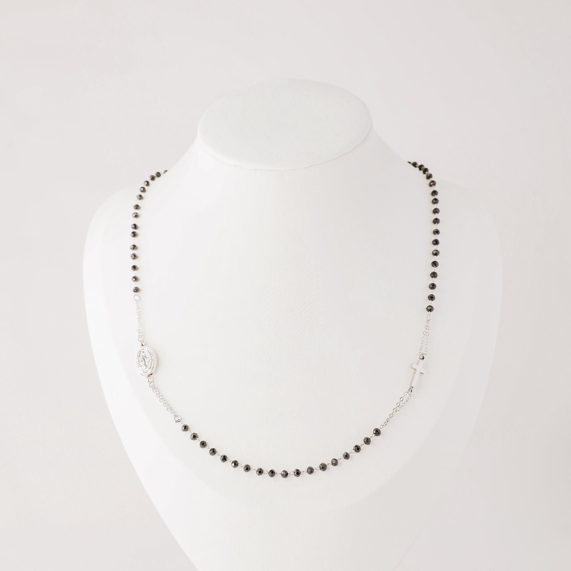 Dainty Black Rosary Necklace, Catholic Jewelry, Plain Cross Stainless Steel