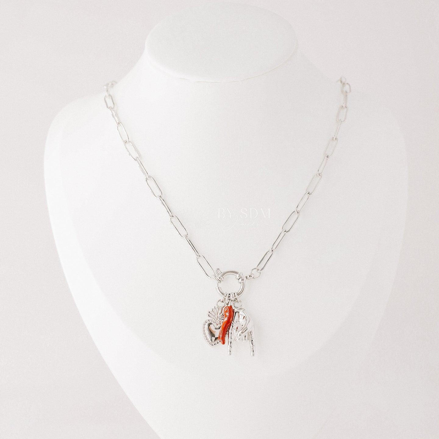 Italian Lucky Horn Necklace • Hand Gesture Horn • Italy Corno Cornicello Necklace • Flaming Sacred Heart Necklace • BYSDMJEWELS
