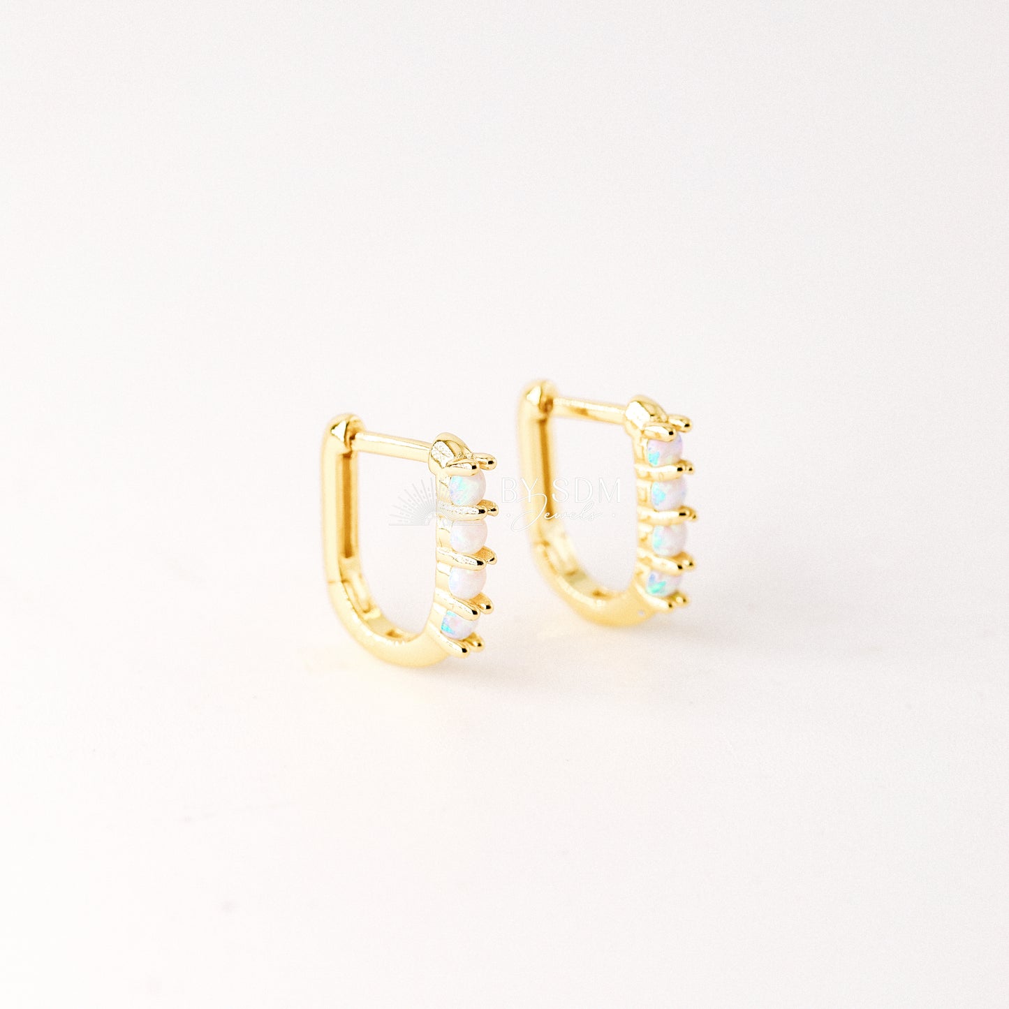 Tiny Gold Opal U Earrings • Oval Hoop Huggie Earrings • BYSDMJEWELS