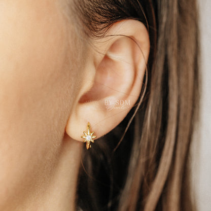 Starburst Huggie Hoop Earrings, Starburst Stacking Earrings, Tiny Hoop Earrings, North Star Huggie Hoop Earrings, Celestial Jewelry