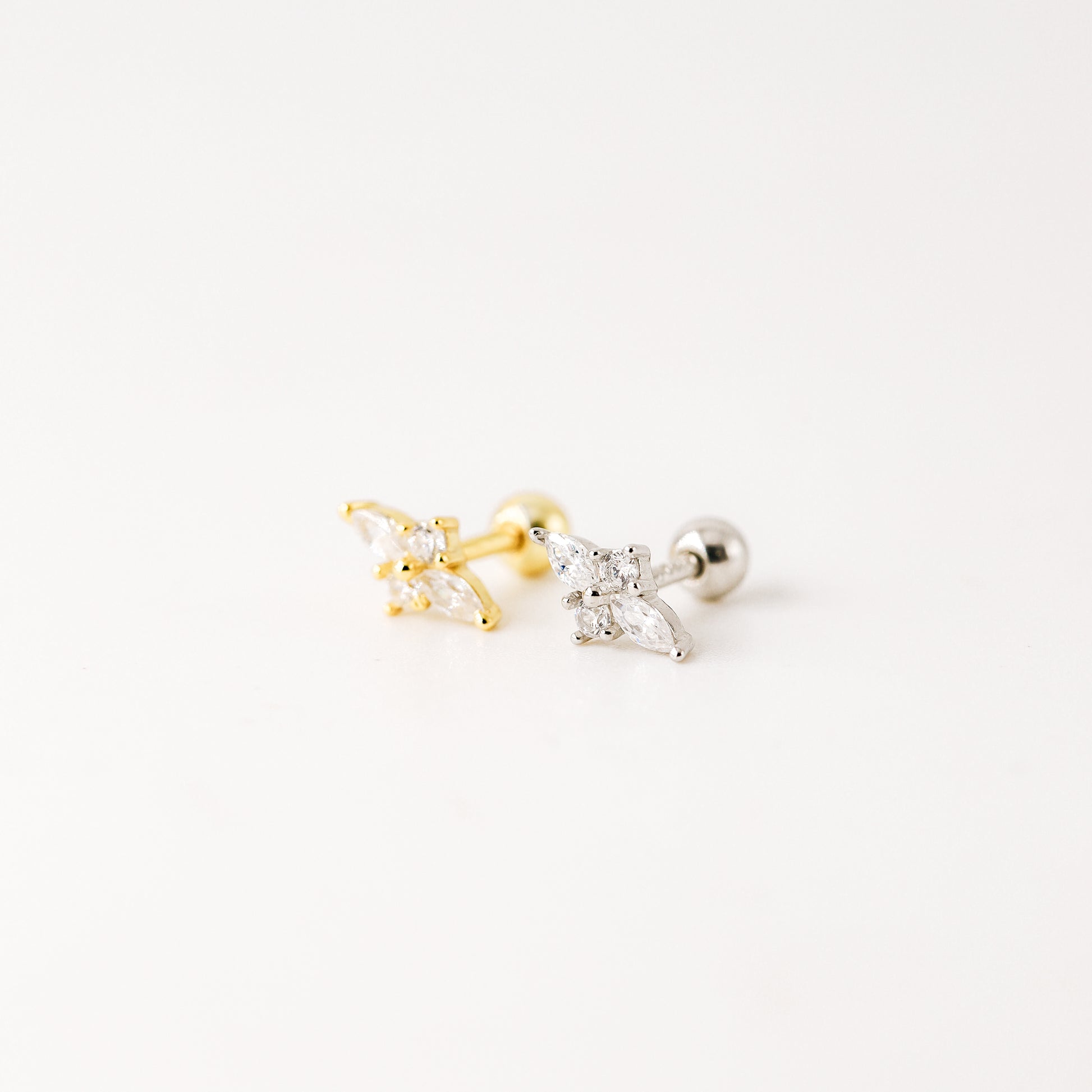 Dainty Gold Tiny Flower Earrings, Four Petals Flower Stud, Tiny Sparkly CZ Studs, Cartilage Earrings, Minimalist Earrings, Piercing Earrings