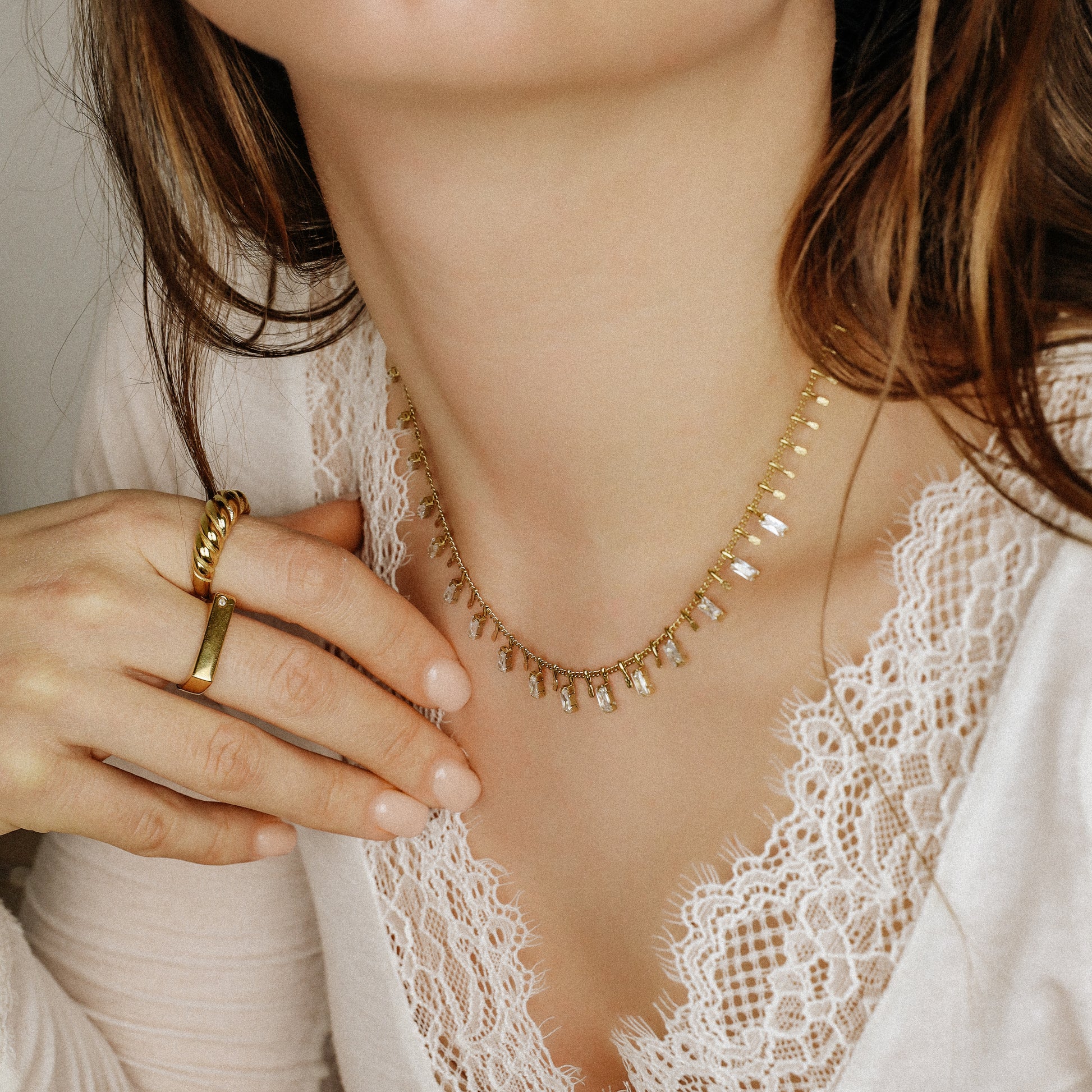 baguette diamond station necklace dainty crystal charm necklace layering pendant necklace mom gift bysdmjewels