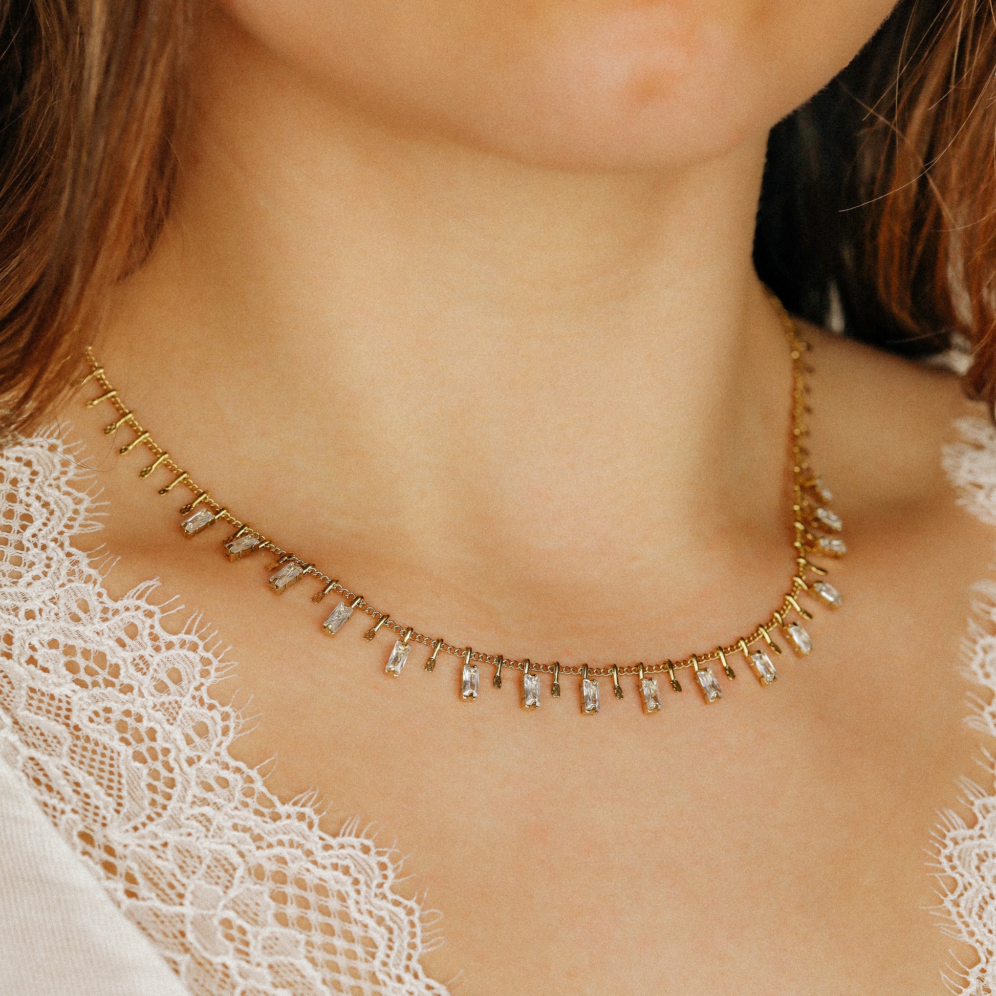 baguette diamond station necklace dainty crystal charm necklace layering pendant necklace mom gift bysdmjewels