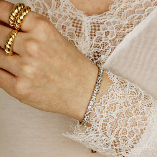 Gold Baguette Tennis Bracelet with Cubic Zirconia, Dainty Diamond Bracelet, BYSDMJEWELS