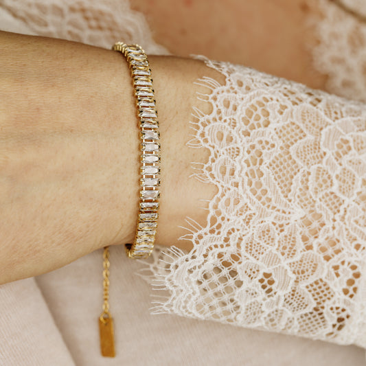 Dainty Gold Baguette Tennis Bracelet with Cubic Zirconia by BYSDMJEWELS