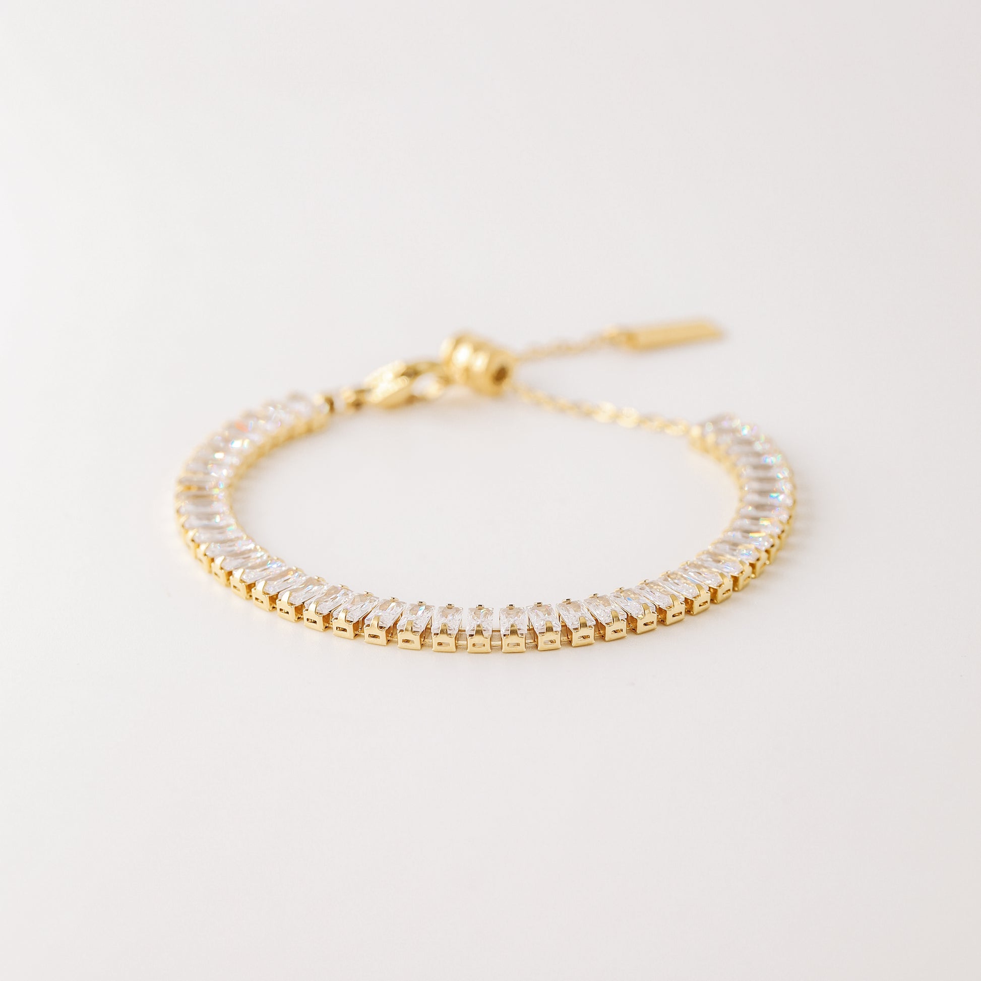 Dainty Gold Baguette Tennis Bracelet with Cubic Zirconia by BYSDMJEWELS