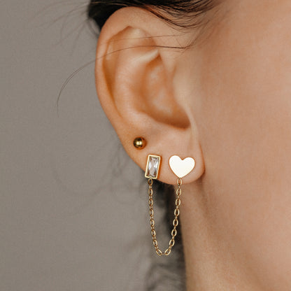 CZ Baguette and Heart Studs for Two Piercings • Heart Studs • Gold Stainless Steel • BYSDMJEWELS