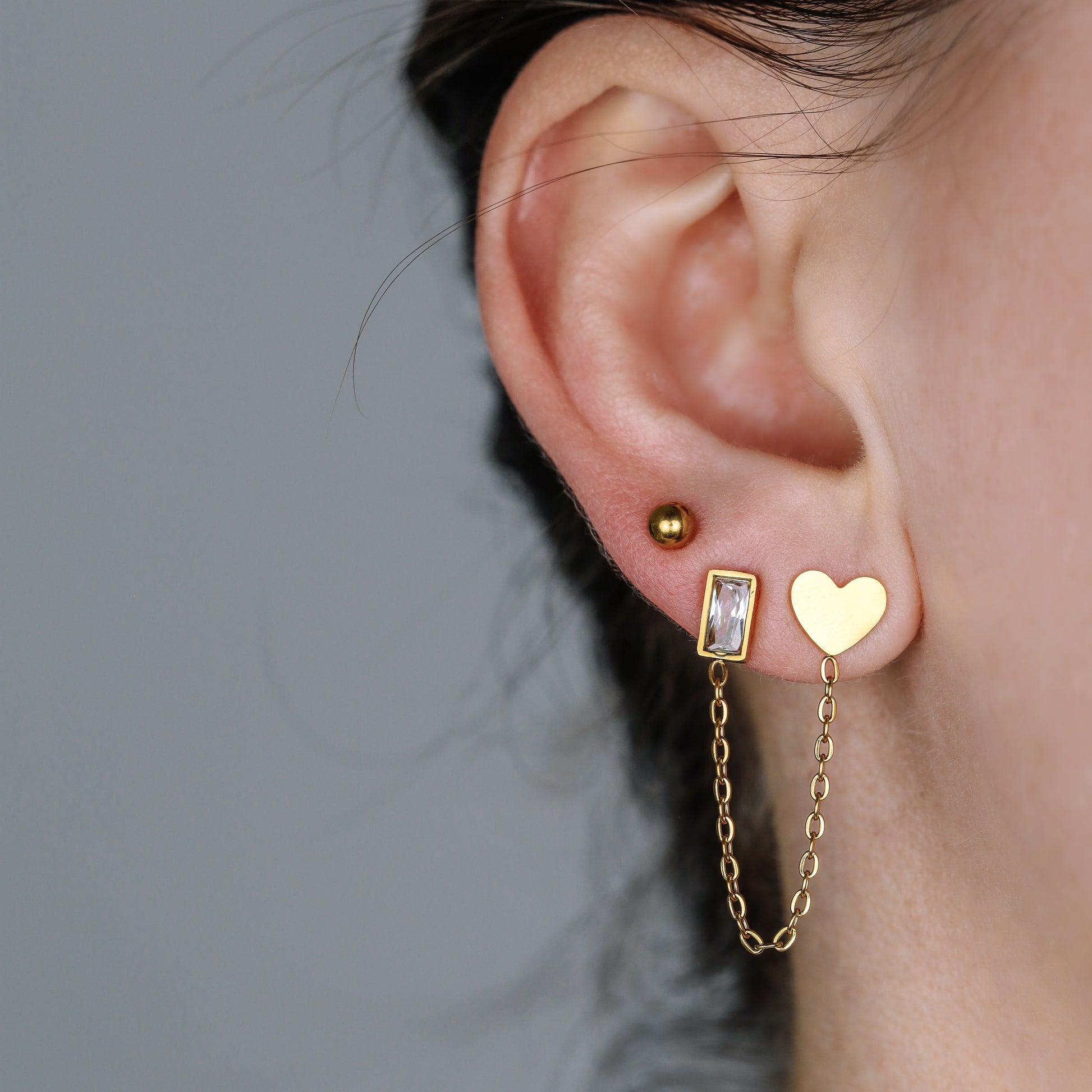 CZ Baguette and Heart Studs for Two Piercings • Heart Studs • Gold Stainless Steel • BYSDMJEWELS