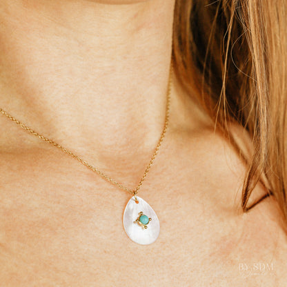 Mother of Pearl Tear Drop Charm Necklace • Teardrop Shell Pendant • Turquoise Charm Necklace • Gift for Mom • BYSDMJEWELS