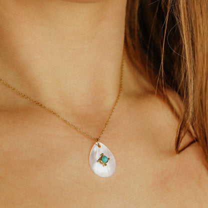 Turquoise Teardrop Shell Pendant Necklace in Stainless Steel