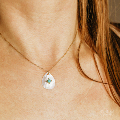 Mother of Pearl Tear Drop Charm Necklace • Teardrop Shell Pendant • Turquoise Charm Necklace • Gift for Mom • BYSDMJEWELS