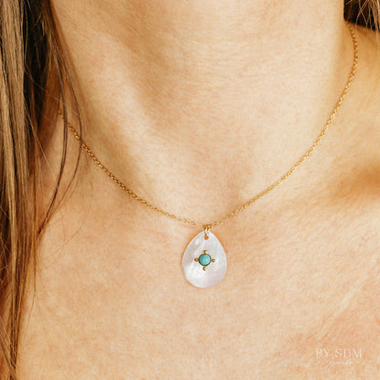 Mother of Pearl Tear Drop Charm Necklace • Teardrop Shell Pendant • Turquoise Charm Necklace • Gift for Mom • BYSDMJEWELS