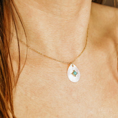 Mother of Pearl Tear Drop Charm Necklace • Teardrop Shell Pendant • Turquoise Charm Necklace • Gift for Mom • BYSDMJEWELS