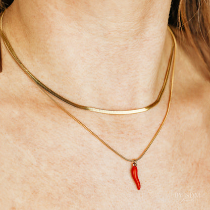 Lucky Horn Layered Necklace Set • Layering Necklace • Snake Chain • Herringbone Necklaces • Italian Horn Necklace • Red Horn • BYSDMJEWELS