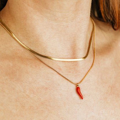 Lucky Horn Layered Necklace Set • Layering Necklace • Snake Chain • Herringbone Necklaces • Italian Horn Necklace • Red Horn • BYSDMJEWELS