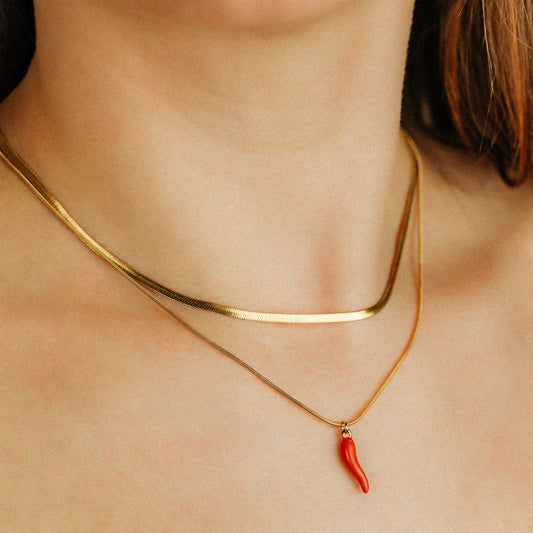 Herringbone Snake Chain with Lucky Horn Pendant Necklace in Stainless Steel
