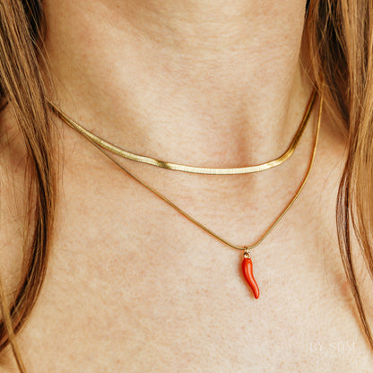 Lucky Horn Layered Necklace Set • Layering Necklace • Snake Chain • Herringbone Necklaces • Italian Horn Necklace • Red Horn • BYSDMJEWELS