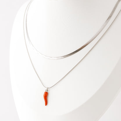 Herringbone Snake Chain with Lucky Horn Pendant Necklace in Stainless Steel