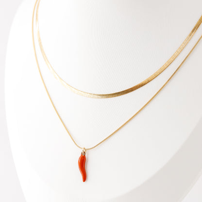 Herringbone Snake Chain with Lucky Horn Pendant Necklace in Stainless Steel