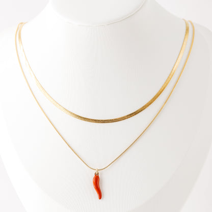 Herringbone Snake Chain with Lucky Horn Pendant Necklace in Stainless Steel
