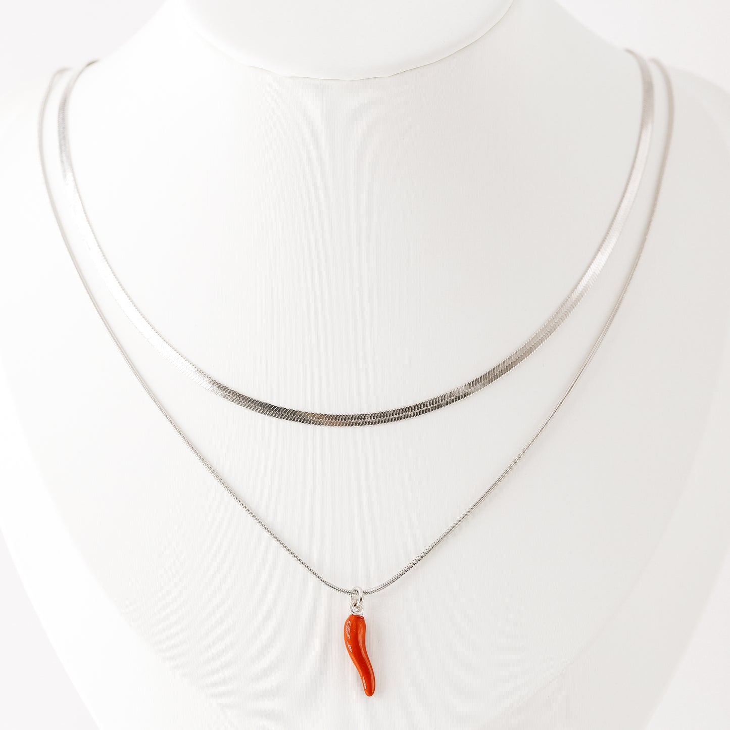 Herringbone Snake Chain with Lucky Horn Pendant Necklace in Stainless Steel