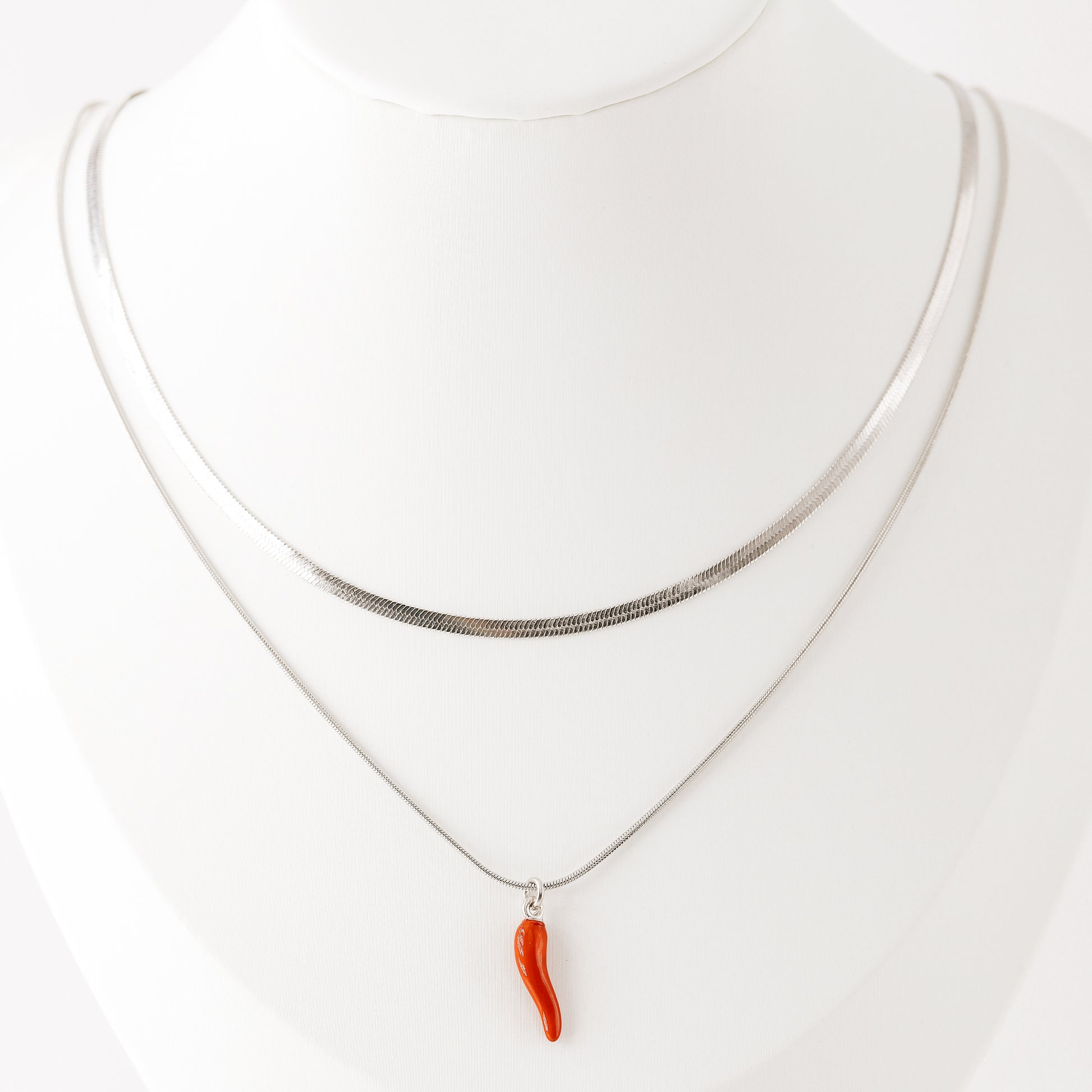Herringbone Snake Chain with Lucky Horn Pendant Necklace in Stainless Steel