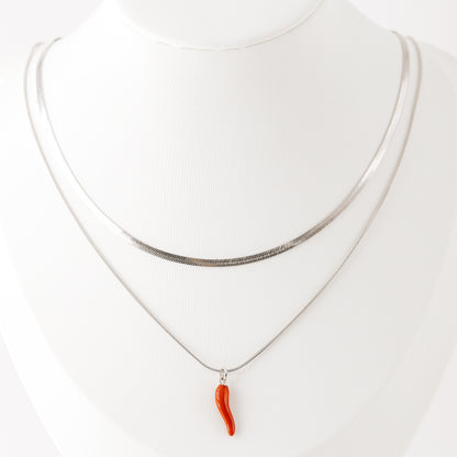 Herringbone Snake Chain with Lucky Horn Pendant Necklace in Stainless Steel