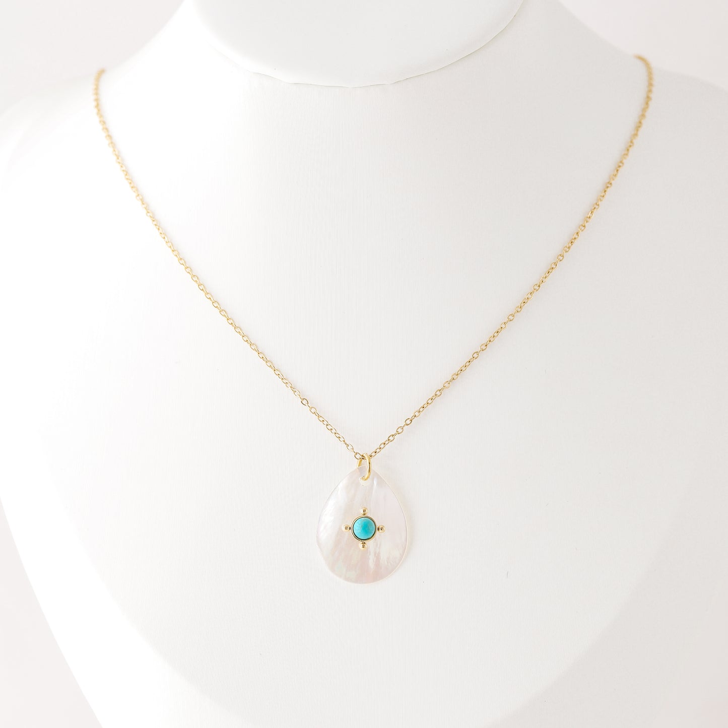 Turquoise Teardrop Shell Pendant Necklace in Stainless Steel