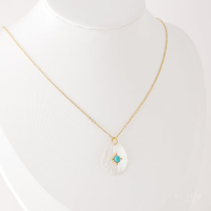 Mother of Pearl Tear Drop Charm Necklace • Teardrop Shell Pendant • Turquoise Charm Necklace • Gift for Mom • BYSDMJEWELS