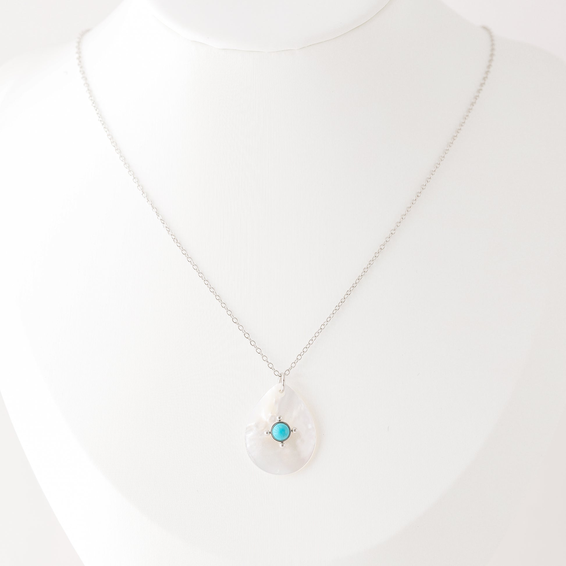 Turquoise Teardrop Shell Pendant Necklace in Stainless Steel
