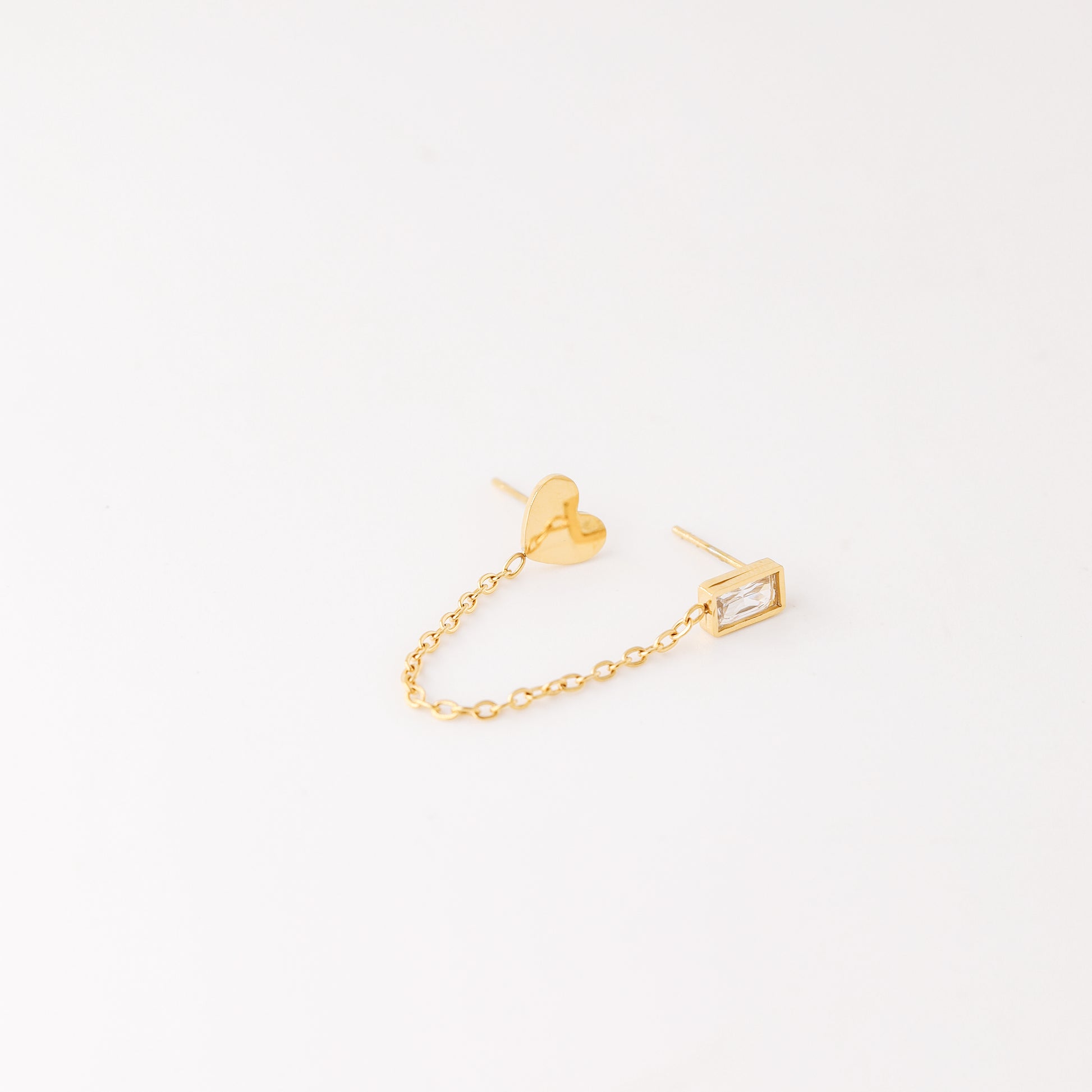 CZ Baguette and Heart Studs for Two Piercings • Heart Studs • Gold Stainless Steel • BYSDMJEWELS