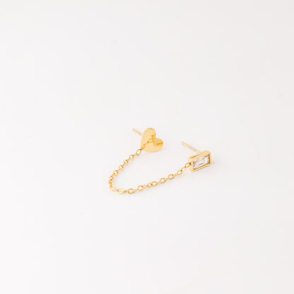 CZ Baguette and Heart Studs for Two Piercings • Heart Studs • Gold Stainless Steel • BYSDMJEWELS